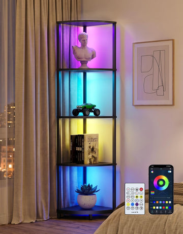 Corner Shelf with LED Light, 5 Tier Smart Color Changing Floor Lamp with Remote, 62" Display Shelf Bookshelf Narrow