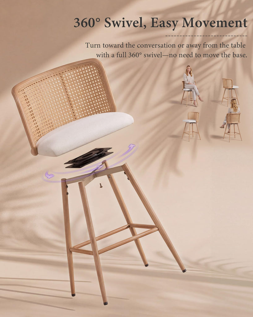 26" Rattan Bar Stools Set of 2, Swivel Counter Height Barstools, White
