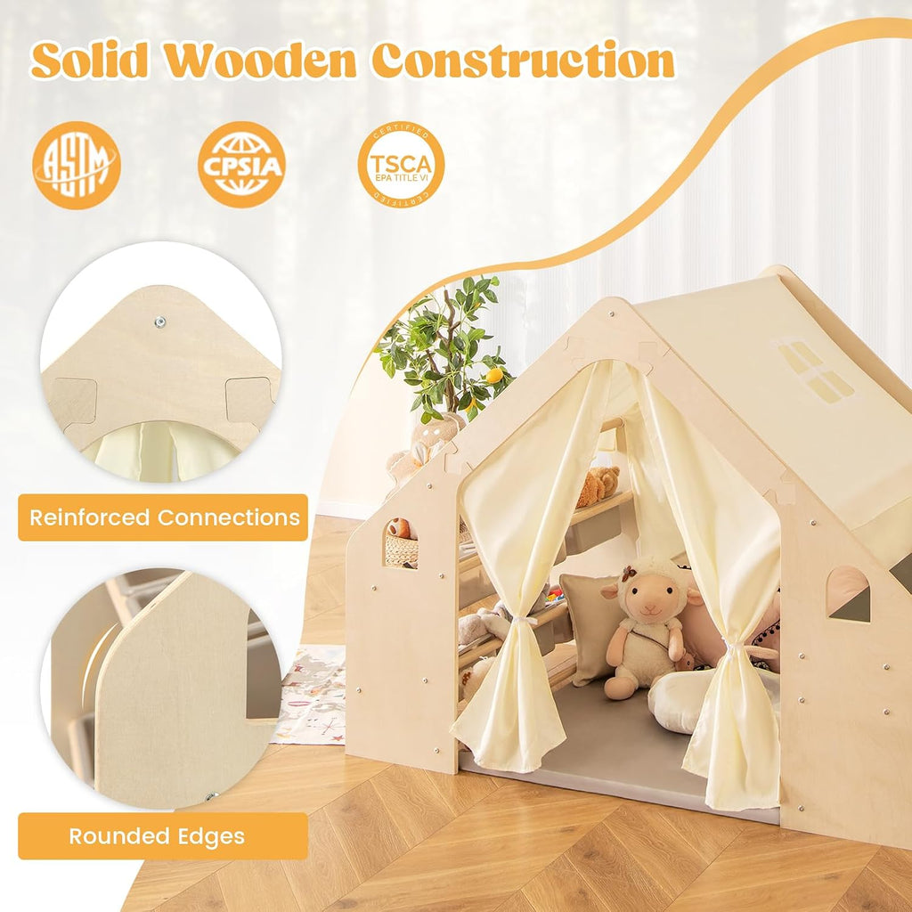 Large Kids Tent, in-1 Wooden Frame Play House with Table and Chair Set, Blackboard, 6 Storage Bins & Soft Floor