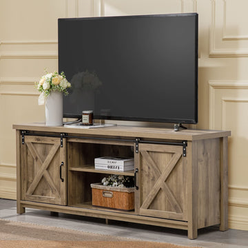 Farmhouse TV Stand with Sliding Barn Doors, Media Entertainment Center Console Table for TVs up to 65", 2-Tier Large