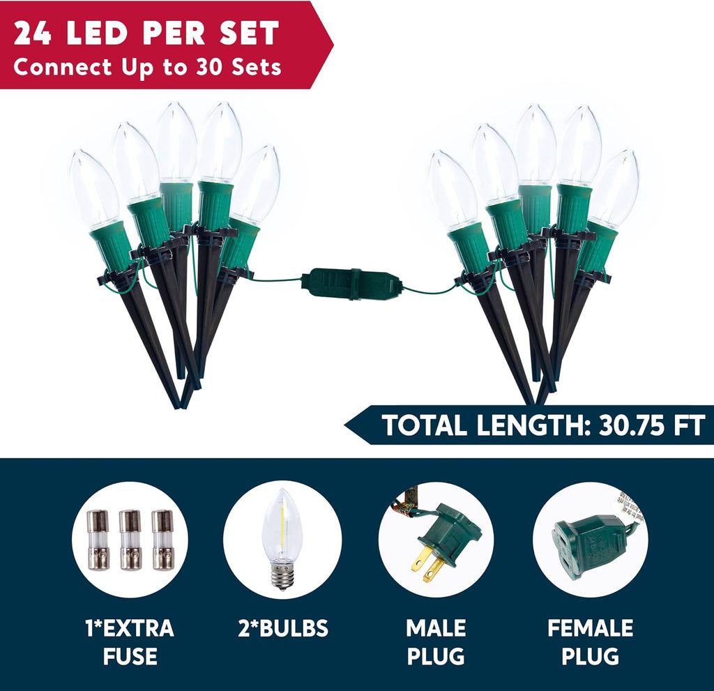 Christmas C9 Pathway Lights Outdoor Decorations 24 Packs, 30.75ft Xmas White Pathway Marker String Lights for Holiday