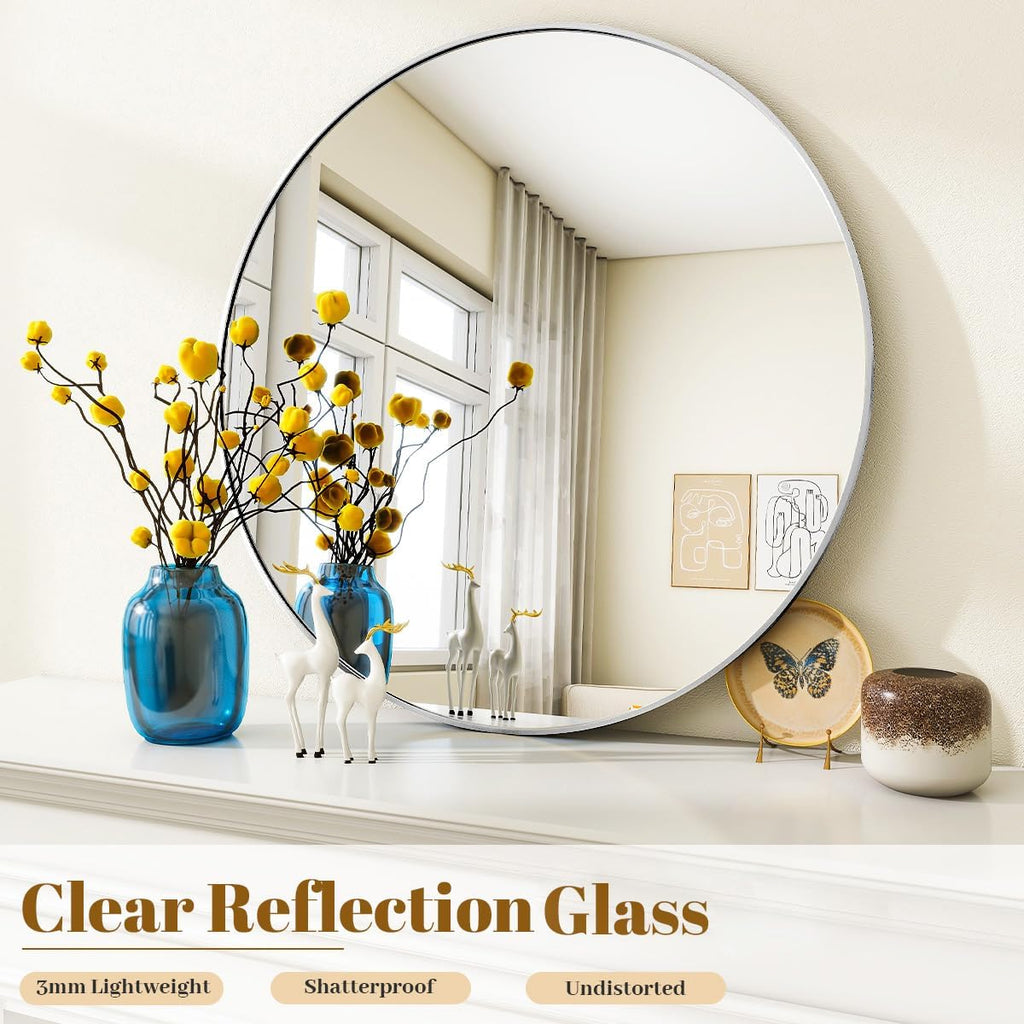 Silver Round Bathroom Mirror 30", Thin Metal Frame Wall Mirror