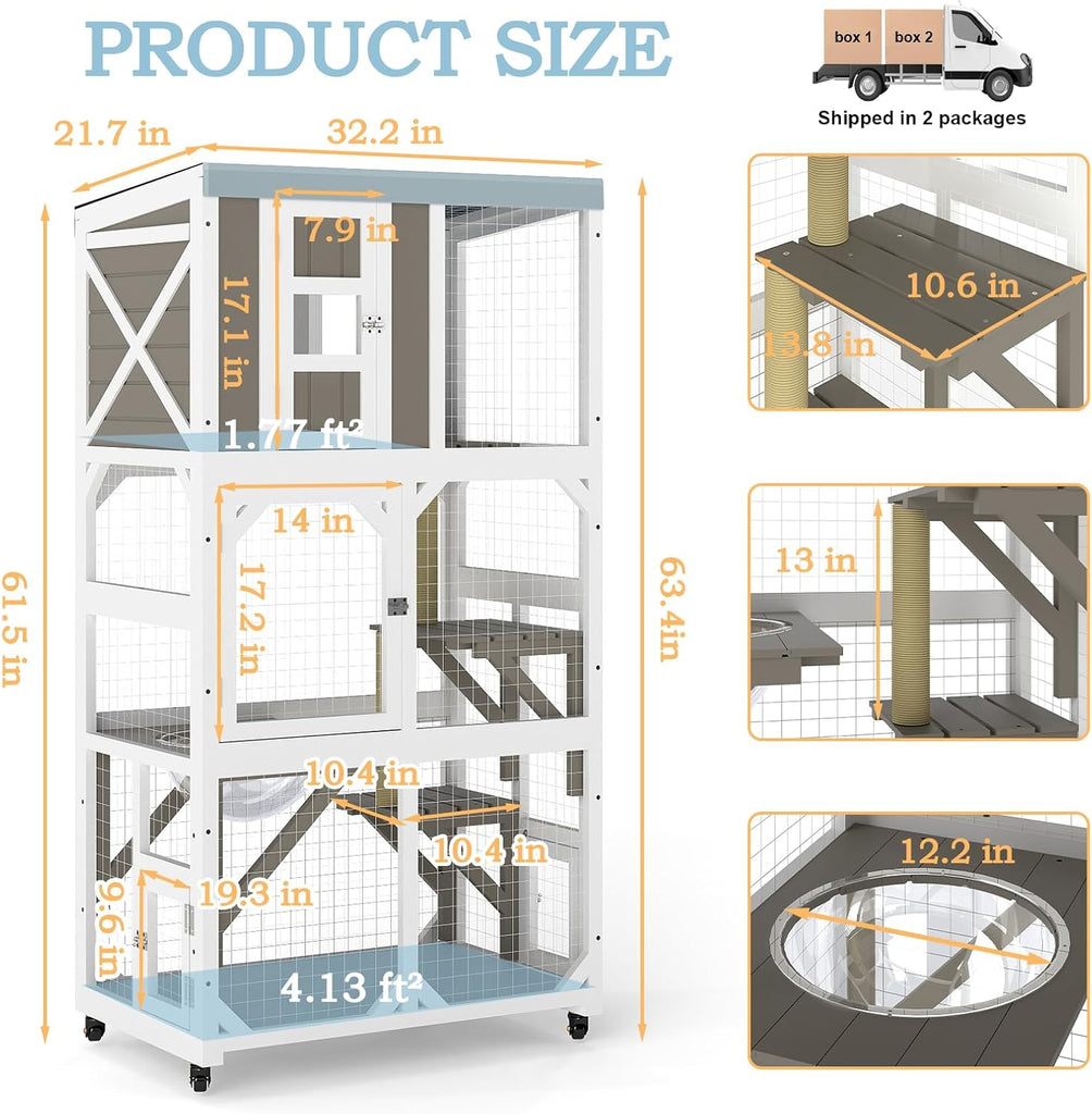 64" H Large Wooden Catio Outdoor Cat Enclosure with Wheels