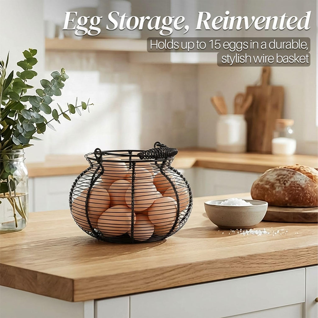 Wire Egg Basket for Collecting Fresh Eggs, Black Countertop Holder