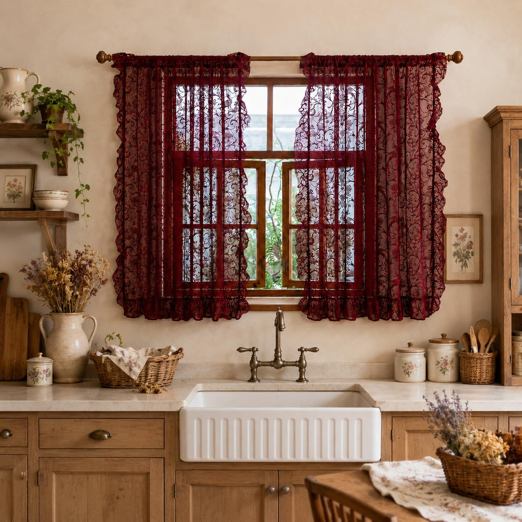 Burgundy Kitchen Curtains 45 Inch Length - Chic Short Lace Sheer Cafe Curtains for Window Over Sink, Light Filtering