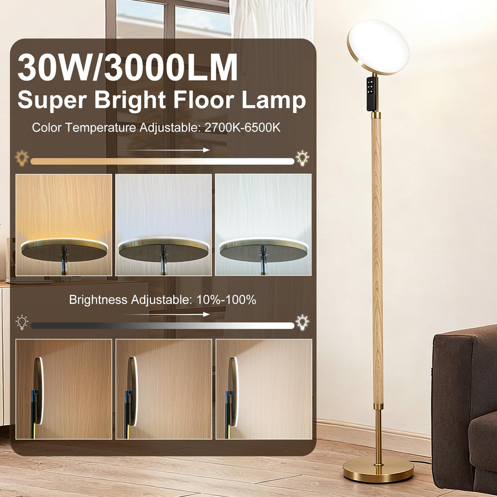 Solid Wood LED Torchiere Floor Lamp, 69" Dimmable Standing Lamp with Remote