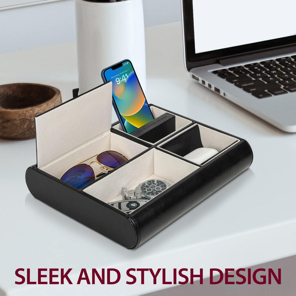 Valet Tray,Nightstand Desk or Dresser Organizer, Catch-All for Keys, Phone, Wallet, Coin, Jewelry, and More (Black /