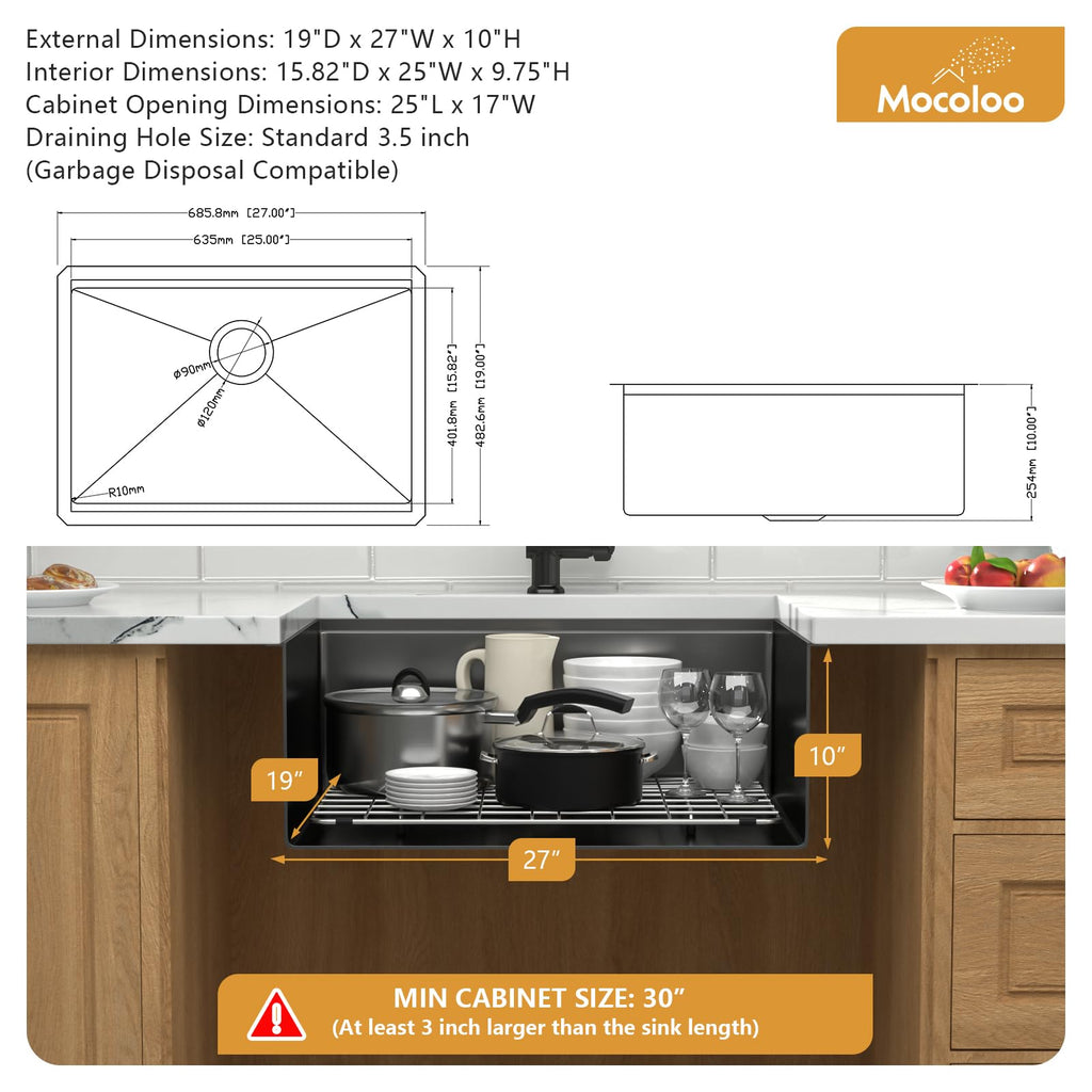 27x19 Inch Black Undermount Single Bowl - Undermount Workstation Gunmetal Black 16 Gauge Stainless Steel Handmade