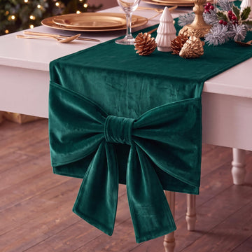 3D Bow Velvet Table Runner Christmas Party Decor, Green