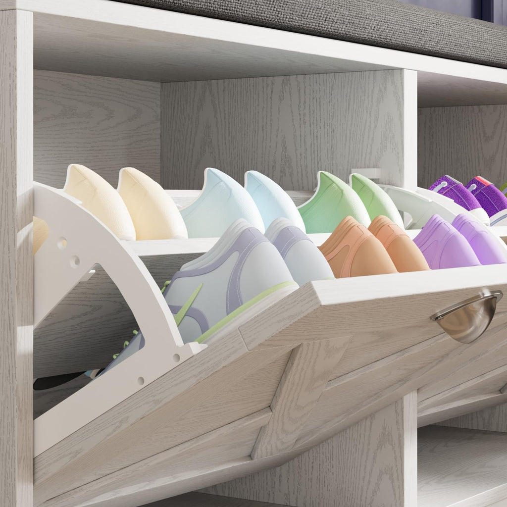 Shoe Cabinet with 2 Flip Drawers & Coat Rack, Shoe Storage Bench with Seat Cushion, 5 Large Sturdy Metal Hooks