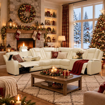 Living Room Furniture Sets, Leather Power Recliner Sectional Corner Creamy White Sectional Recling Sofa Set with