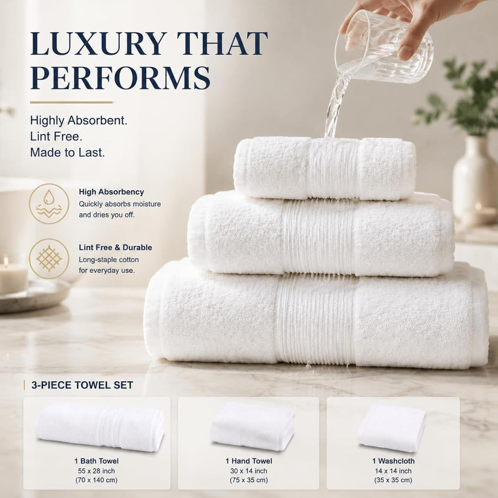 Onuia Luxury Bath Towels, 3-Piece 800 GSM Egyptian Cotton Towel Set with Bath Towel, Hand Towel & Washcloth, Ultra