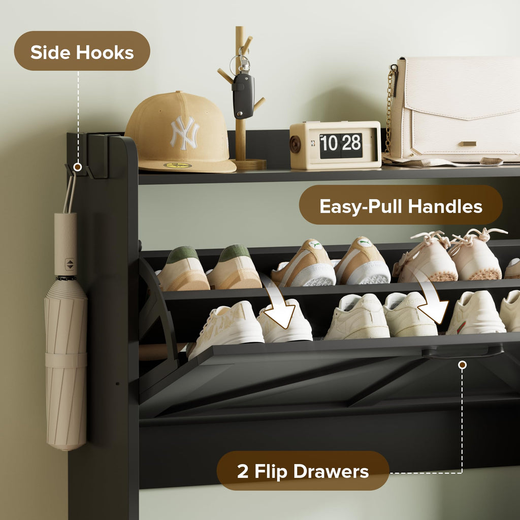 Shoe Cabinet with 2 Flip Drawers, Slim Shoe Storage
