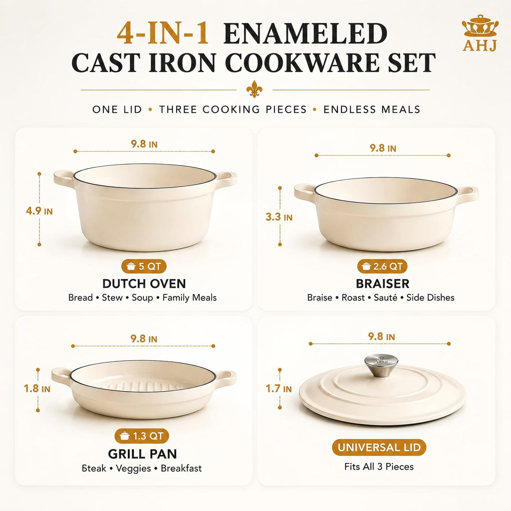 Enameled Cast Iron Dutch Oven Set - 4 Piece Cookware Set with Lids