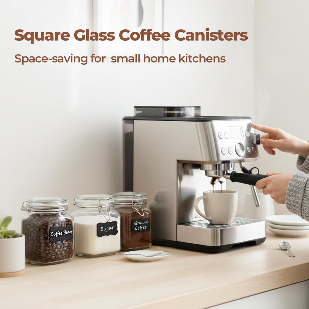 Square Glass Pantry Jars with Airtight Lids 34 oz 3 Pack Coffee