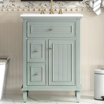 24 Inch Bathroom Vanity with Sink, Solid Wood Bathroom Sink Vanity with Drawers, Freestanding Bathroom Vanities with Adjustable Shelf, Light Green A133-B0FJRLFXJS