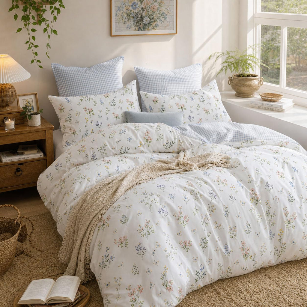 Gingham Duvet Cover 3 Pieces Colourful Floral Bedding Set