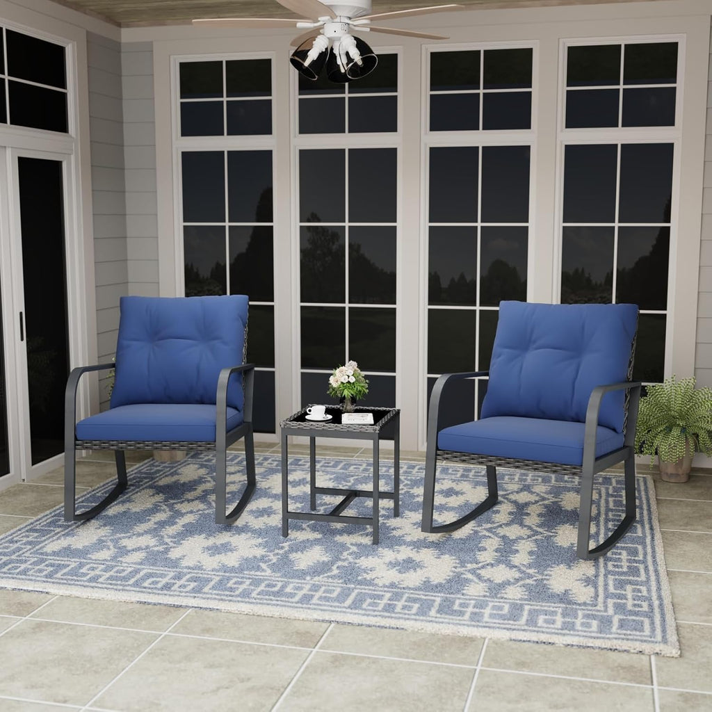 Bistro 3 Piece Patio Furniture Set, Patio Table and Rattan Outdoor Rocking Chairs Set of 2, Outdoor Bistro