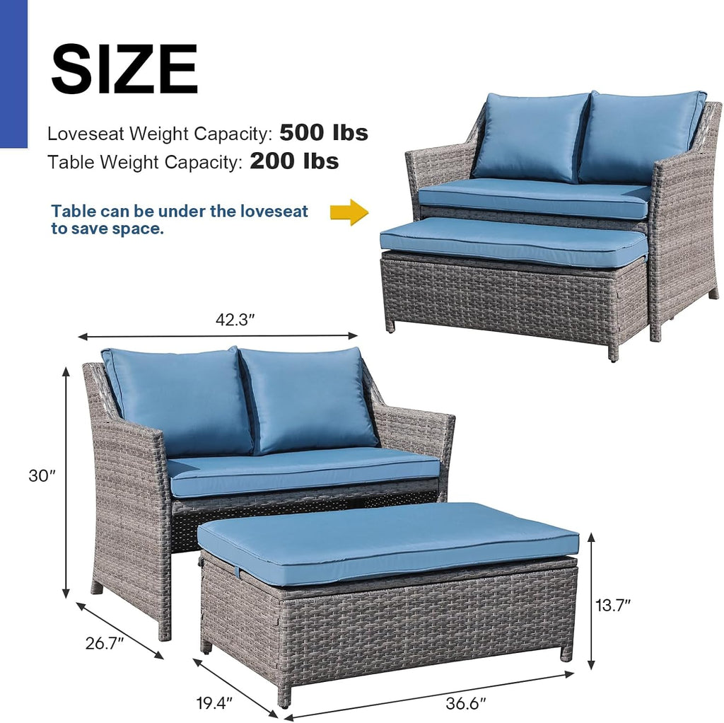 Wicker Patio Loveseat w/Storage Ottoman, 2 Pcs, Navy Blue | 2-Seat Outdoor Couch,w/Soft Cushions & Built-in Storage