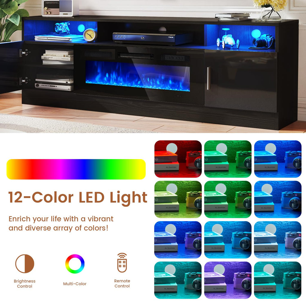 70" for TVs up to 80", Modern Entertainment Center with 36" Electric Fireplace, Built-in Power Outlet, 12-Color LED