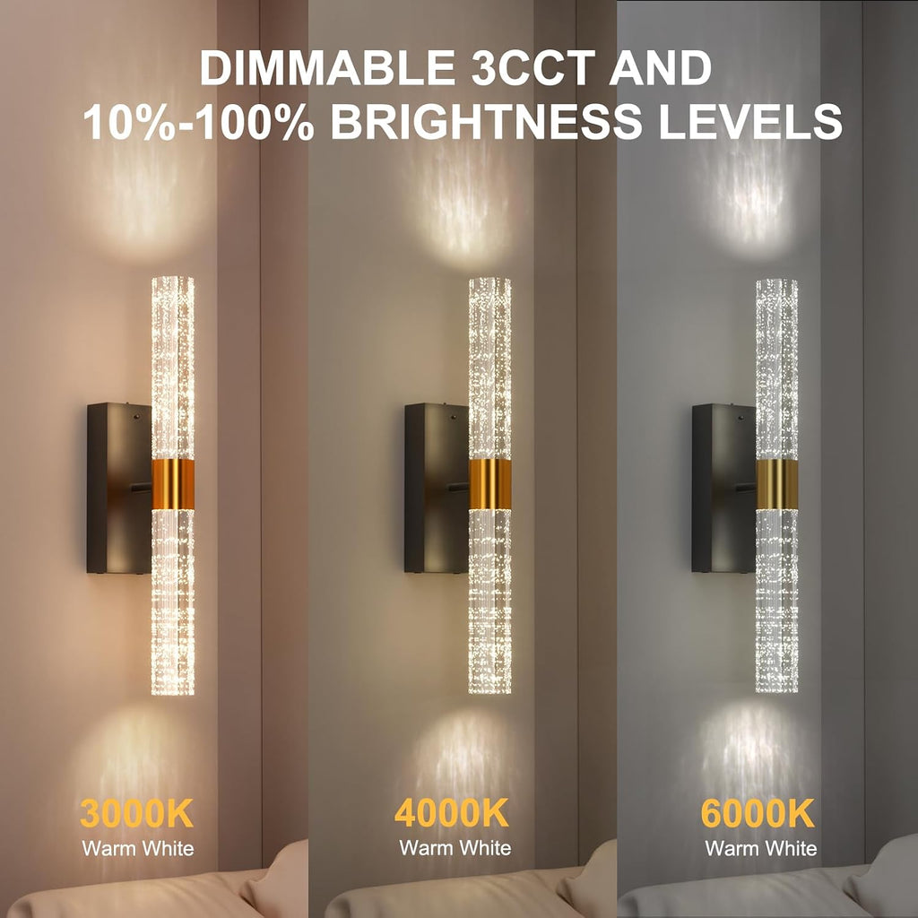 Crystal Battery Operated Wall Sconce, Black and Gold Rechargeable Wireless Wall Light Fixtures with Remote Control