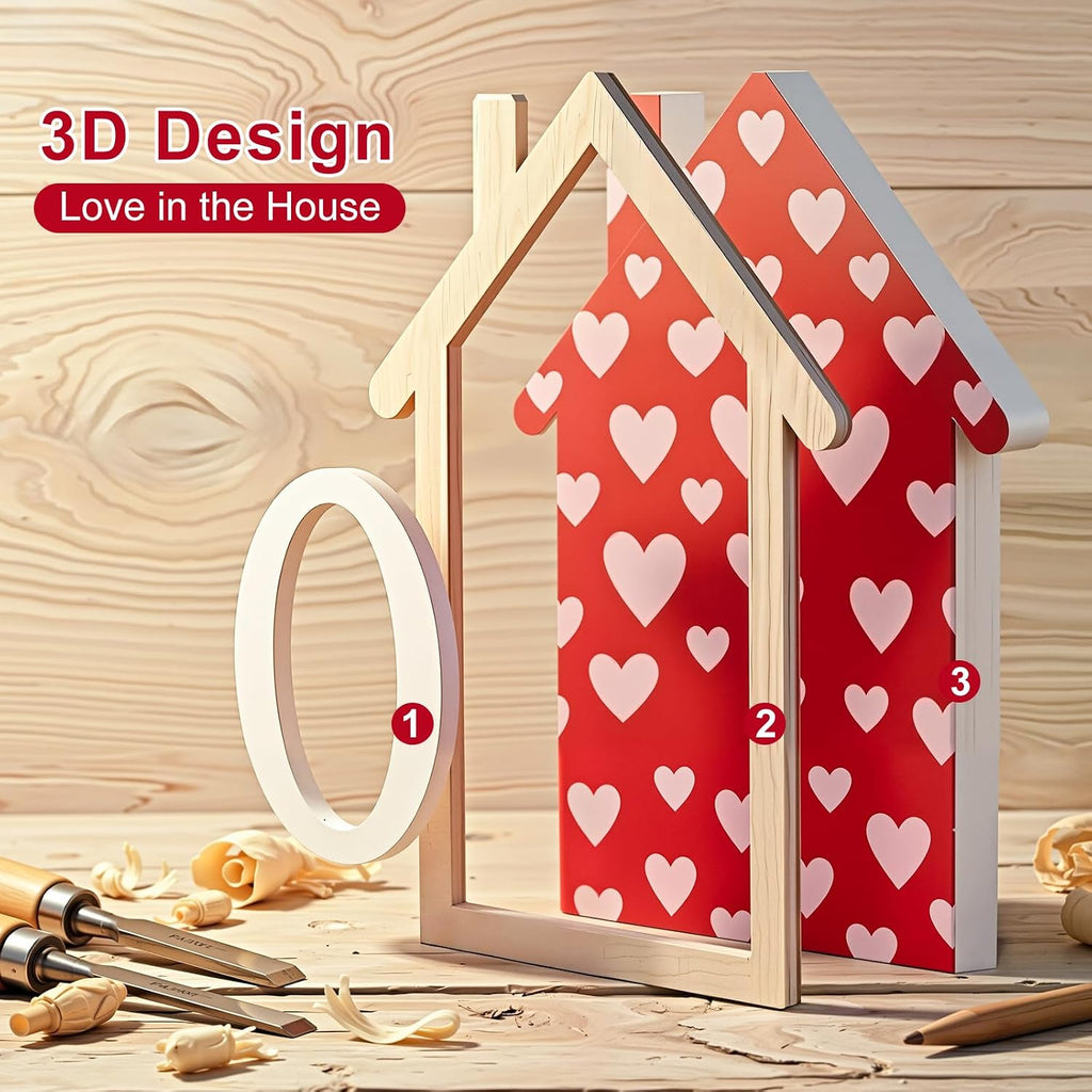 Valentines Day Decorations - 4 Pack 3D Design Wooden House Shape Sign, Valentines Day Table Decor, Valentine's Day - Set of 4