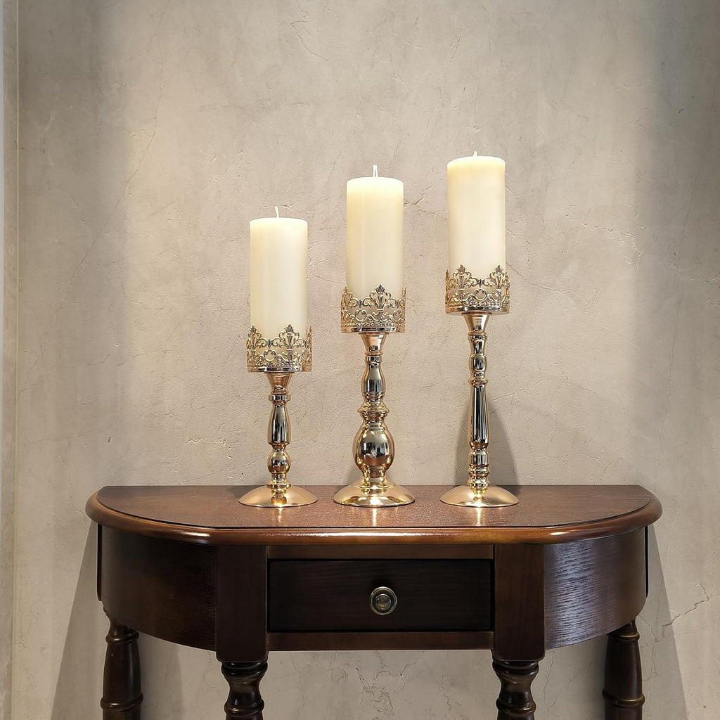 Candle Holders for Pillar Candles Set of 3 Gold Vintage Tall Candle Holders Decorative Large Table Centerpieces