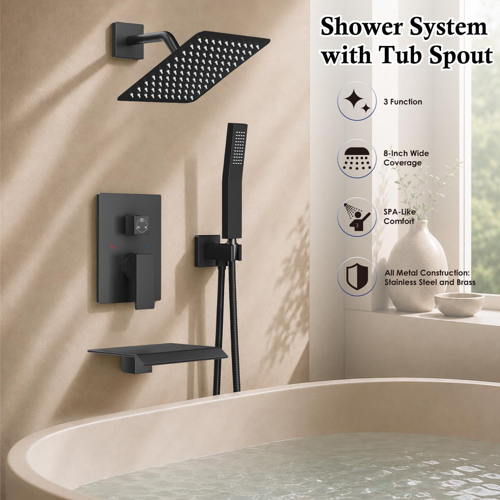 Shower System with Tub Spout,8 Inch Shower Head,Matte Black