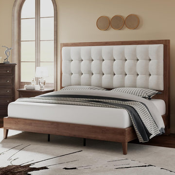 Solid Wood Queen Bed Frame 50.2" Tall Upholstered Headboard, Mid-Century Style, Stable Platform Support, No Box