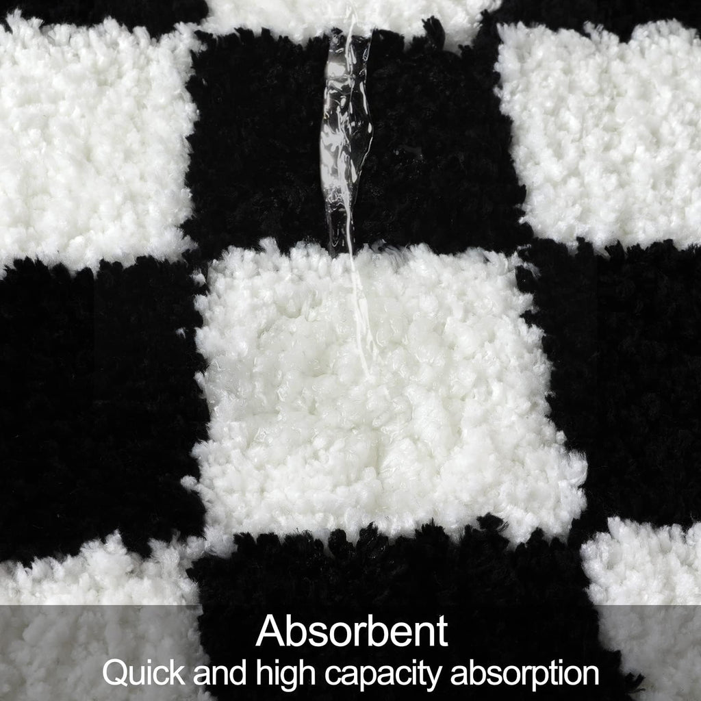 Bath Mats, Black and White Checkered Machine Washable Bathroom Rug Non Slip, 18x26 Water Absorbent Soft Microfiber