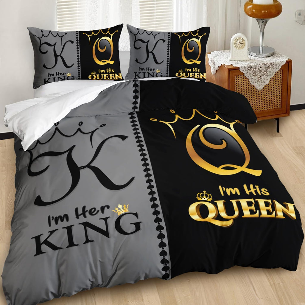 Grey and Black Duvet Cover Set King, K and Q Printed Crown Couple Bedding Set Gifts,3 Piece His Her Themed Lightweight