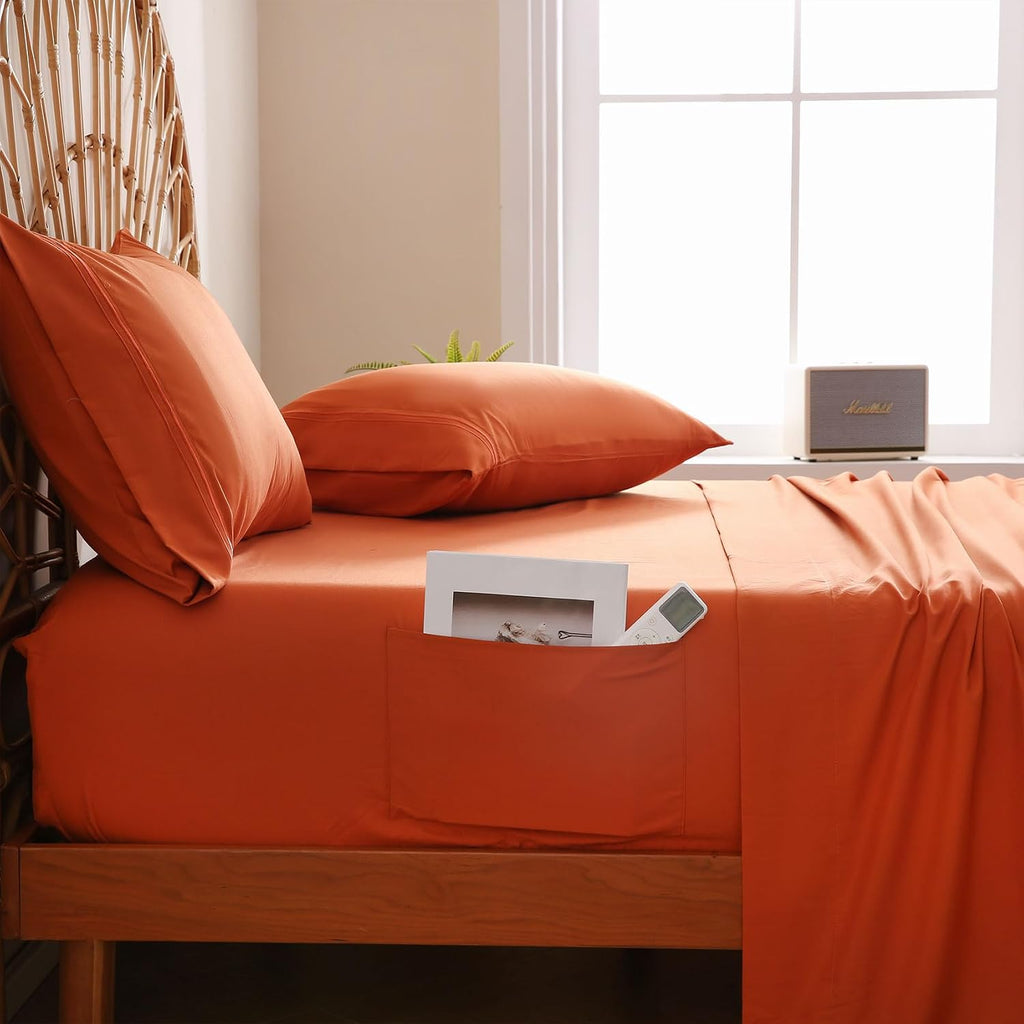Orange King Sheet Set with Side Storage Pocket, 4 Piece Soft Microfiber Bed Sheets Deep Pocket Corner Straps