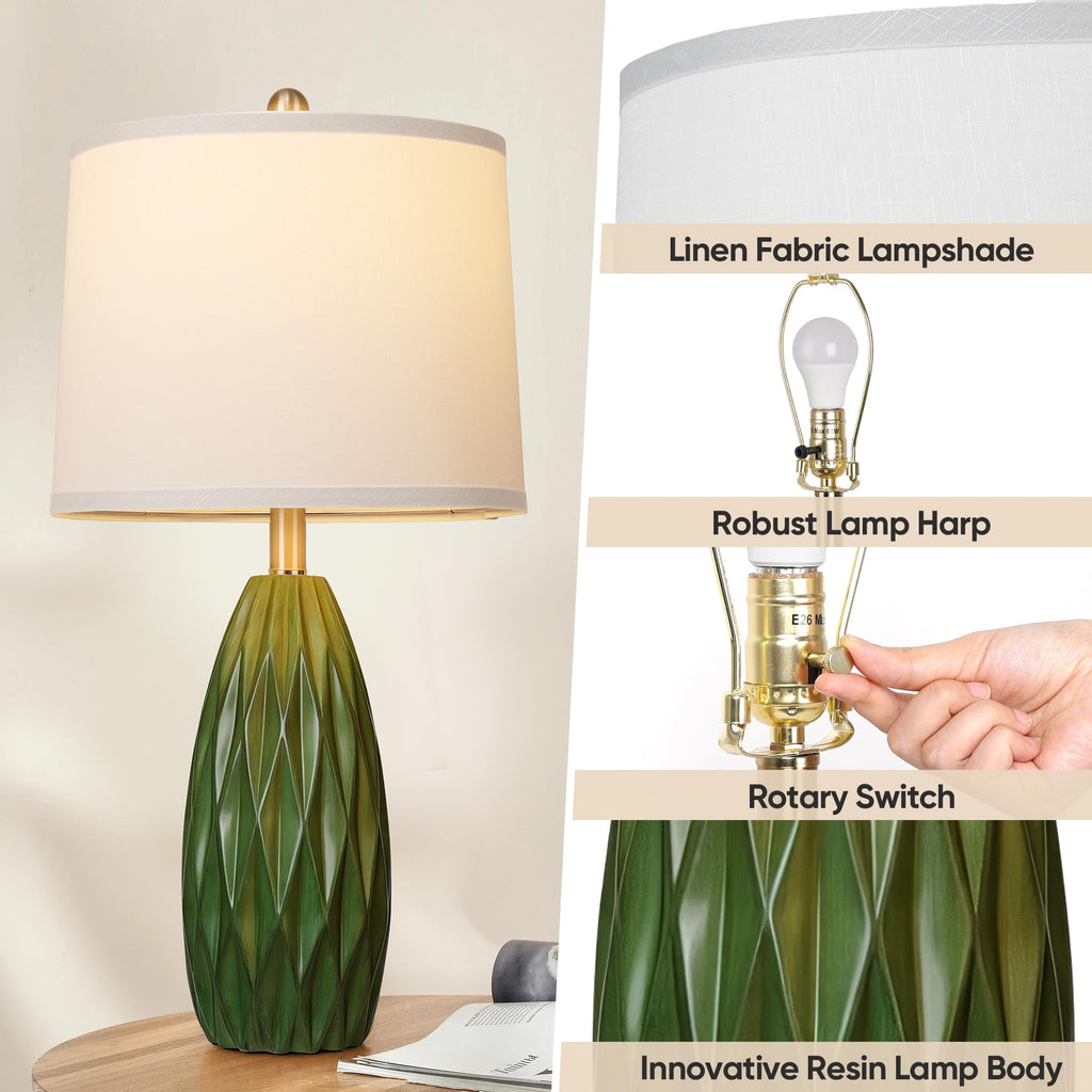 Modern Resin Table Lamp Set of 2, Nightstand Bedside Lamp, Green