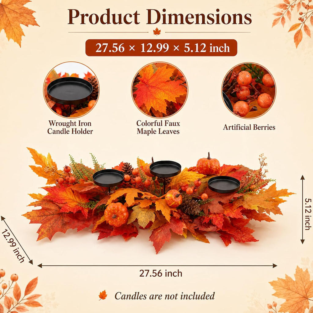 27.56" Fall Candle Holder Centerpiece, Thanksgiving Table Decor with Metal Candle Cups Large Foldable Autumn Leaves