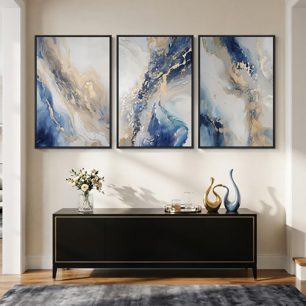 Large Framed Abstract Blue and Gold Wall Art, 24x36 Inch