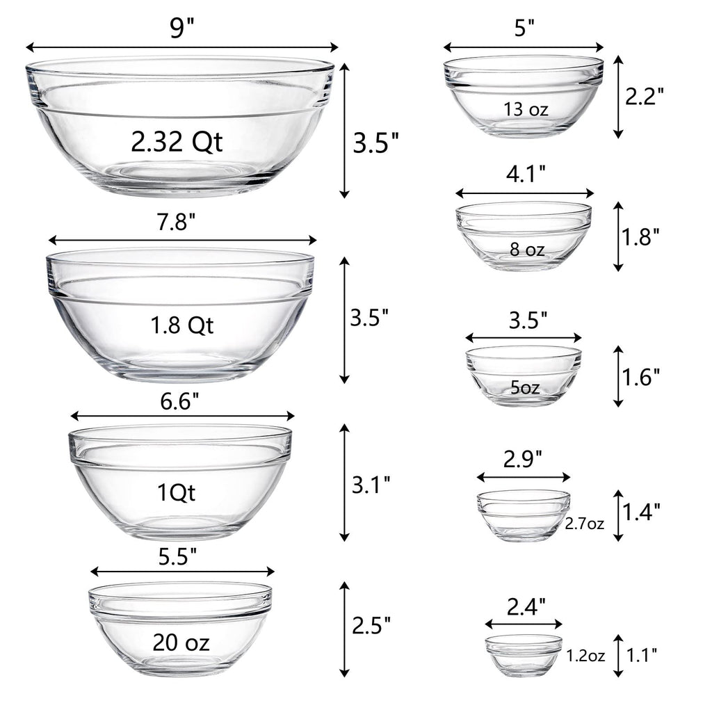 Set of 9 Glass Mixing Bowls - Glass Nesting Bowls Prep Bowl Clear Salad Bowls Prep Salad, Cereal, Ice Cream, Pasta
