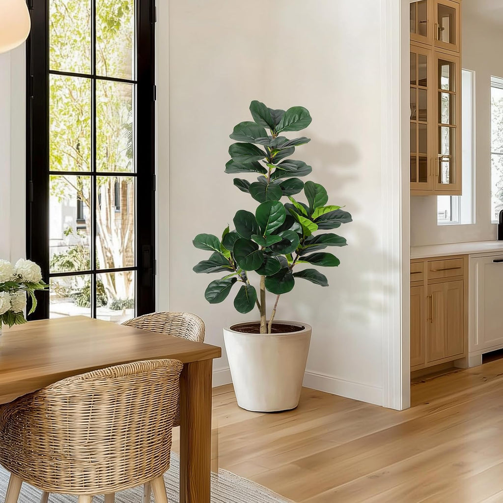 4FT Artificial Fiddle Leaf Fig Tree with White Planter - Realistic Faux Ficus Lyrata Trees with 48 Leaves, Indoor