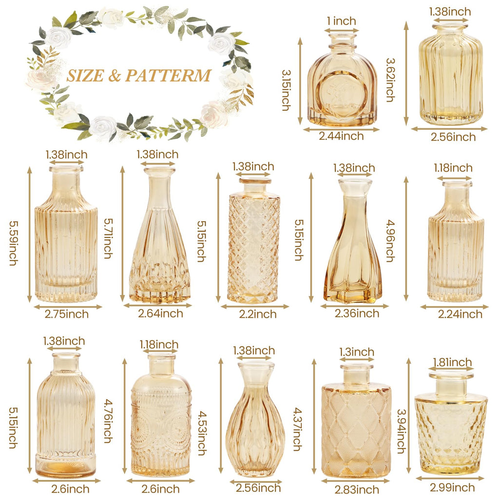 Amber Gold Glass Bud Vases Set of 12, Small Vases for Flowers