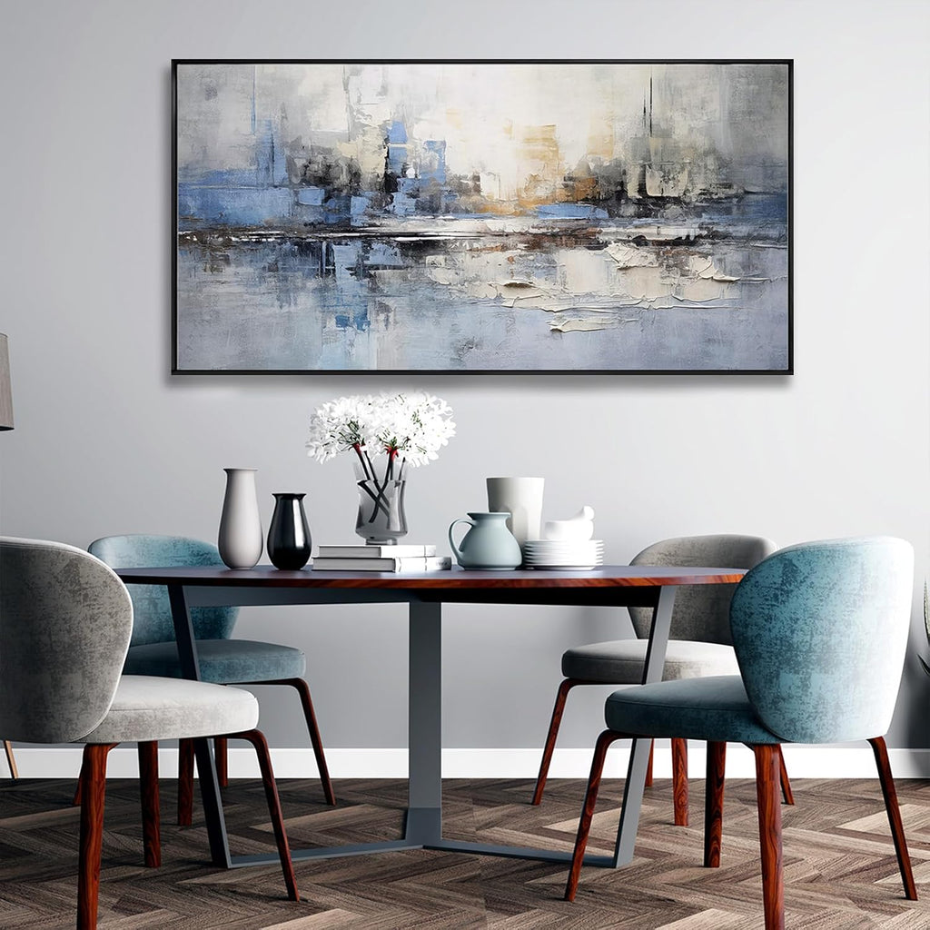 Abstract Wall Art Blue and White Reflection Large Size Framed Artwork Wall Decor Canvas Painting Stretched Canvas
