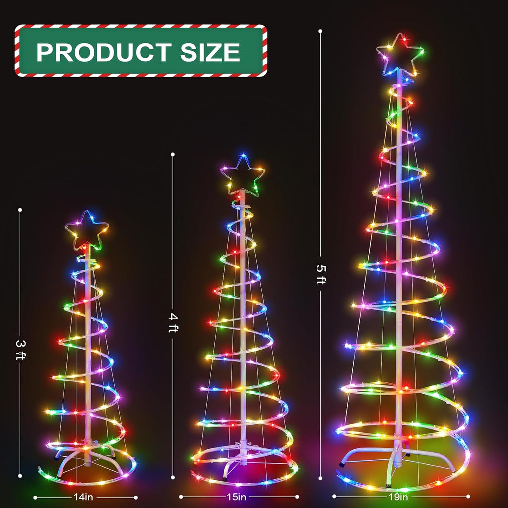 3 Packs Christmas Spiral Tree with Lights, 3/4/5 FT Lighted Xmas Collapsible Tree with Metal Stakes for Indoor &