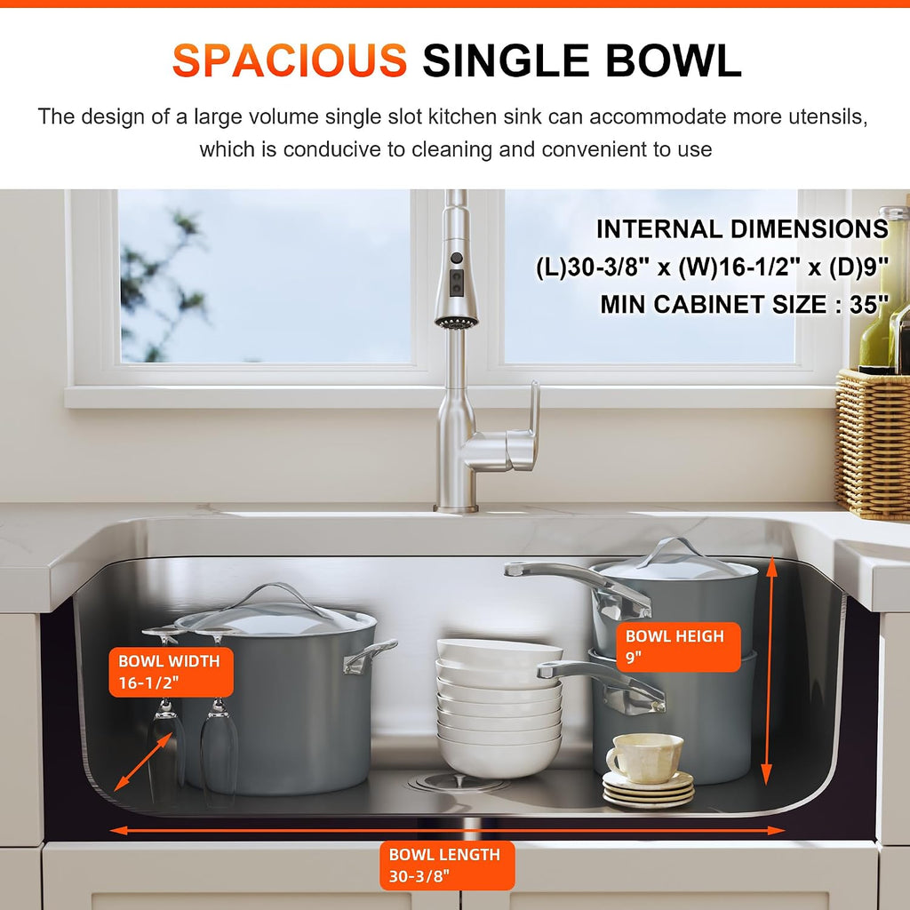 32 Inch Undermount Single Bowl Kitchen Sink | 304 Stainless Steel, 18 Gauge Thickness, Strainer Included, Brushed