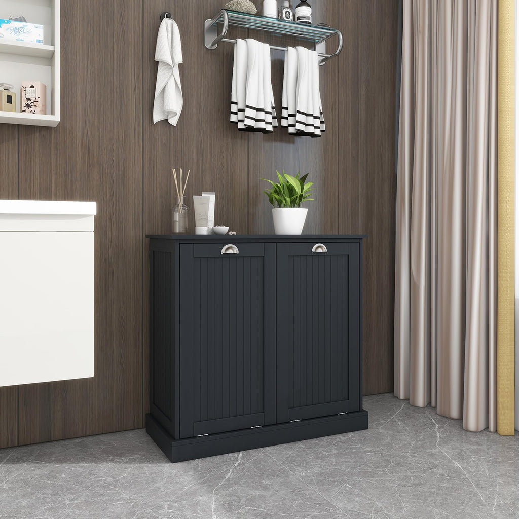 Tilt Out Laundry Hamper Cabinet with Removable Basket, Double Hidden Laundry Hamper Cabinet, Wood Bathroom Storage