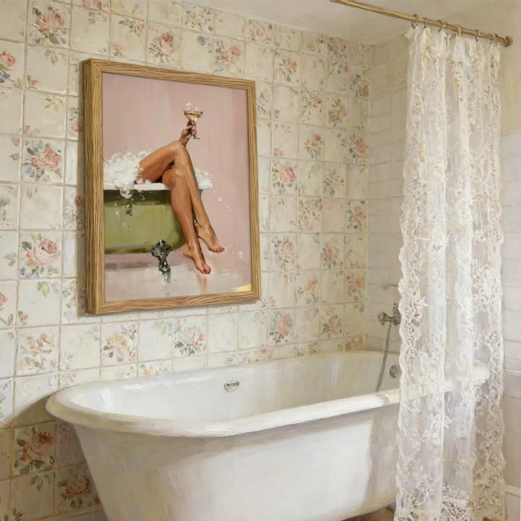 Framed Glam Pink Bubble Bath Canvas Wall Art Vintage Tub Martini Poster Print Elegant Woman Bathroom Wall Decor