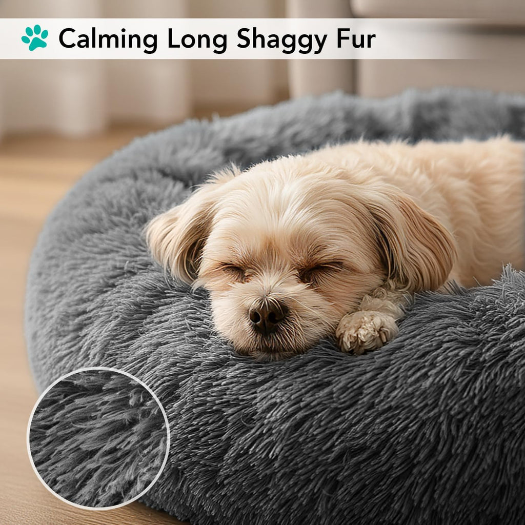 Calming Donut Dog Bed, Washable Faux Fur, Medium, Grey