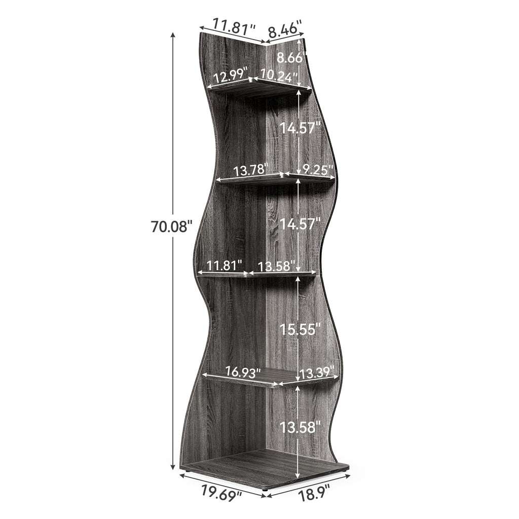 70-Inch Corner Shelf with 5-Tier Shelves, Wall Corner Bookshelf