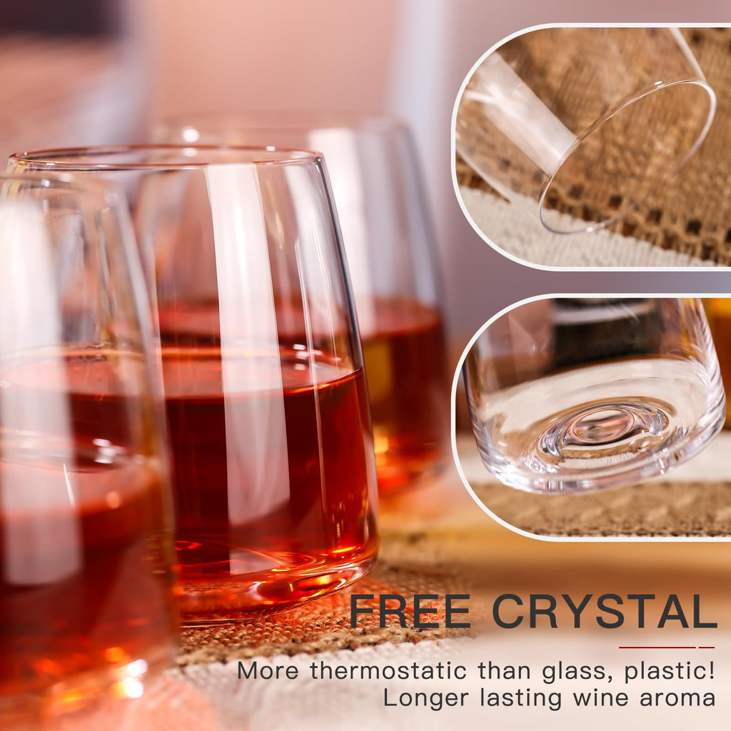 Stemless Wine Glasses Set of 4-15 oz Clear-Modern Hand-Blown Wine Glasses, European Design Crystal Glass For Red &