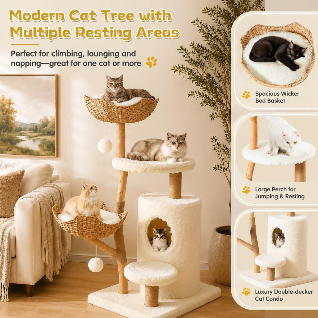 52.2" Real Wood Cat Tree with Basket Beds, White
