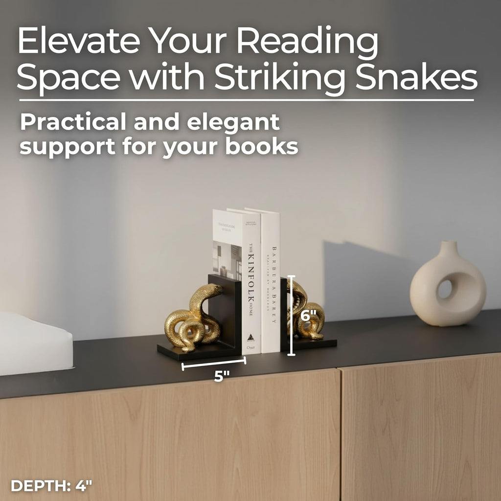 Elegant 6-Inch Polyresin Snake Bookends in Striking Gold and Black