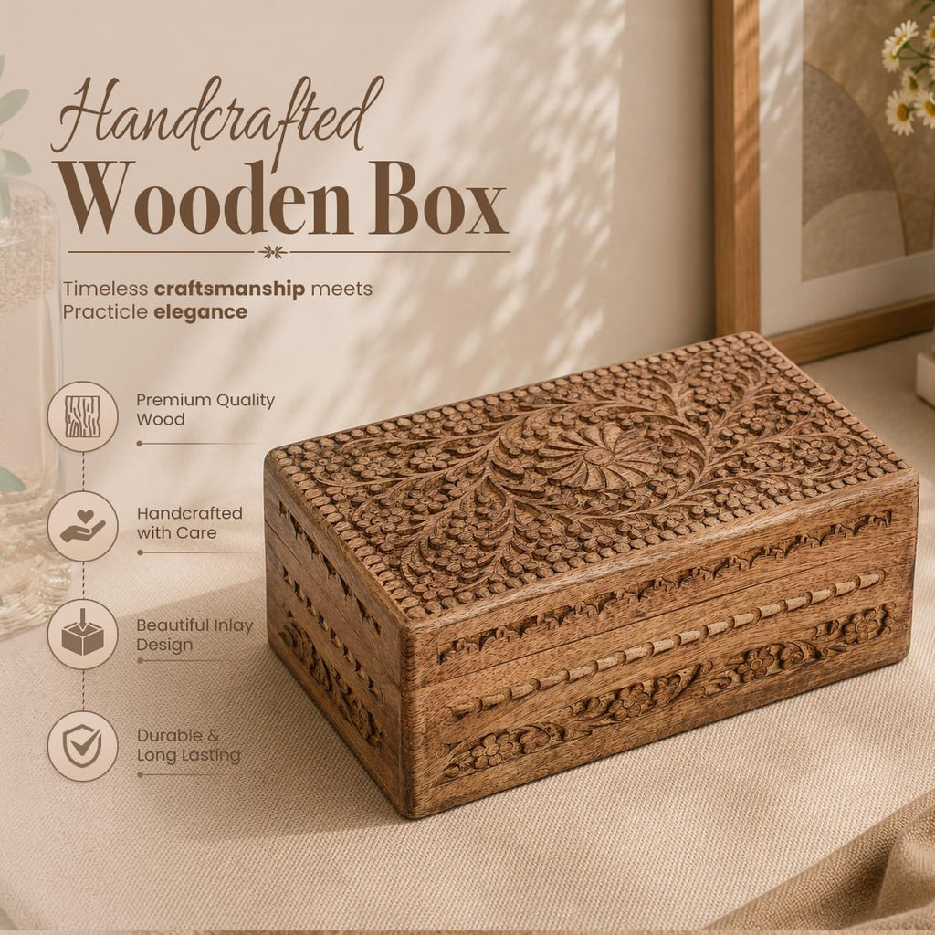Wooden Jewelry Box Flower Carved Decorative Chest Storage 10 Inch
