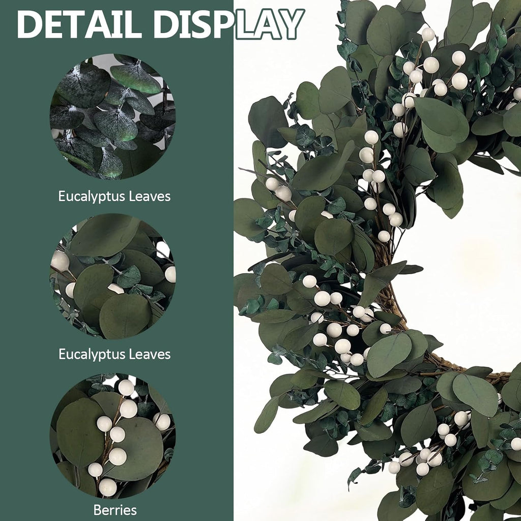26 Inch Preserved Eucalyptus Wreath for Front Door, Real Touch & Natural Scent Everlasting Greenery, Farmhouse Rustic